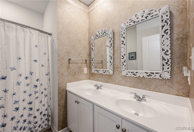 7585 Sedge Dr, New Kent, VA 23124 - bathroom with double vanity and a shower with shower curtain