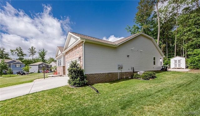 7585 Sedge Dr, New Kent, VA 23124 - view of property exterior featuring a storage unit, driveway, a lawn, and a garage
