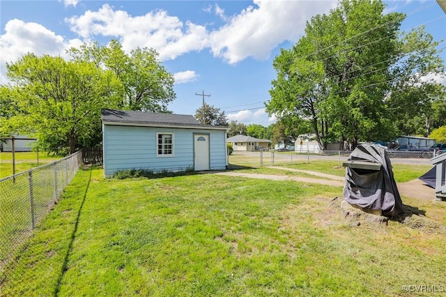 view of yard featuring an outbuilding and a fenced backyard