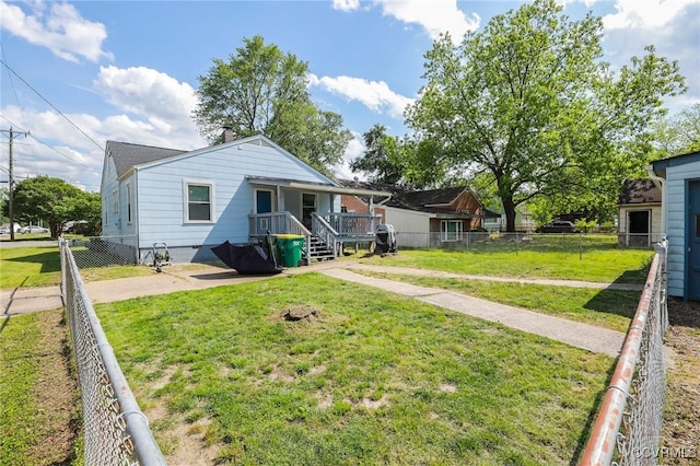 view of front of home with a fenced backyard, covered porch, a chimney, and a front lawn
