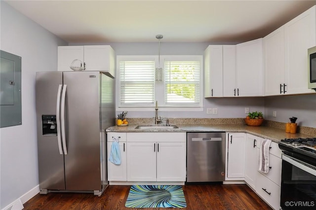 kitchen with a sink, white cabinetry, electric panel, and stainless steel appliances