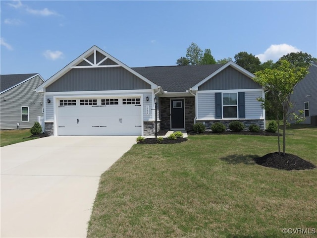 craftsman house featuring a garage, board and batten siding, a front yard, and stone siding