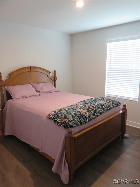 bedroom featuring baseboards, dark wood finished floors, and multiple windows