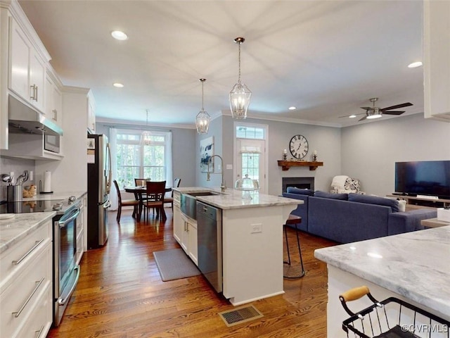 kitchen with visible vents, appliances with stainless steel finishes, wood finished floors, a sink, and under cabinet range hood