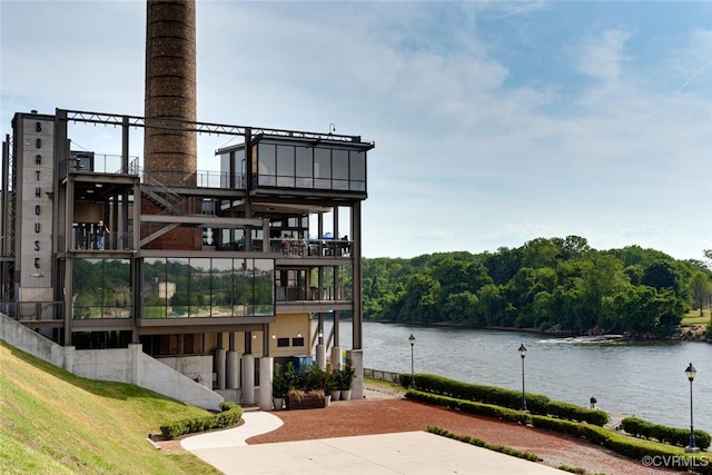 exterior space featuring a water view