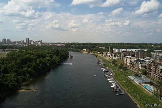 view of water feature with a city view
