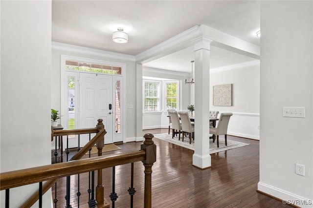 foyer with crown molding, baseboards, dark wood-style flooring, and a chandelier