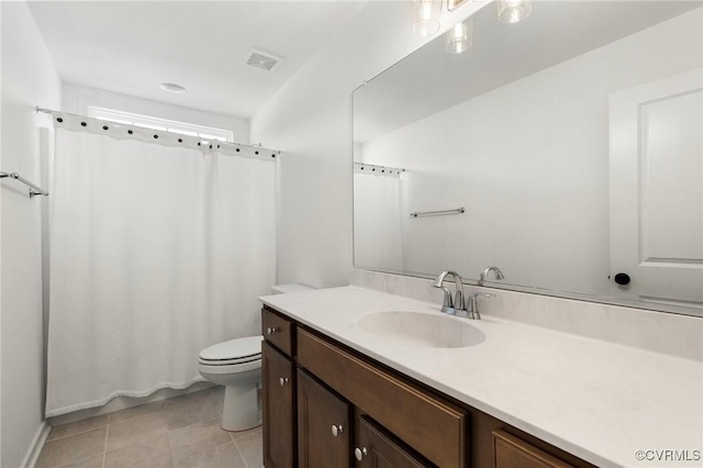 bathroom featuring a shower with curtain, visible vents, tile patterned flooring, vanity, and toilet