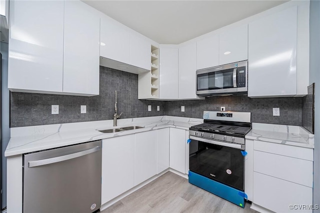 512 Pollock St, Richmond, VA 23222 - kitchen with stainless steel appliances, light stone countertops, a sink, and open shelves