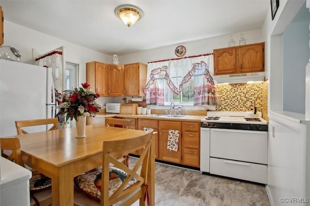 6266 Richmond Rd, Williamsburg, VA 23188 - kitchen featuring white appliances, light countertops, under cabinet range hood, a sink, and backsplash