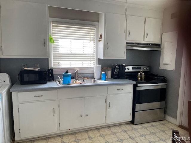 kitchen with stainless steel electric range, black microwave, under cabinet range hood, washer / clothes dryer, and a sink