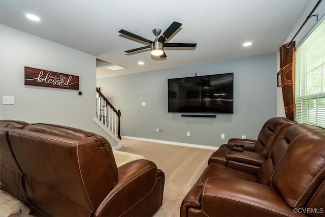 living room with a ceiling fan, stairway, baseboards, carpet, and recessed lighting