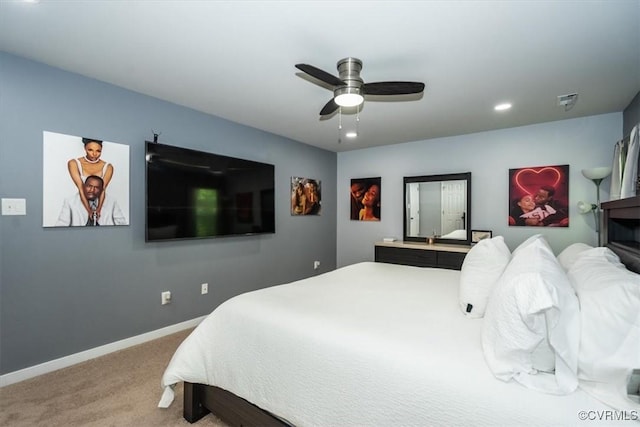 carpeted bedroom featuring recessed lighting, baseboards, and ceiling fan