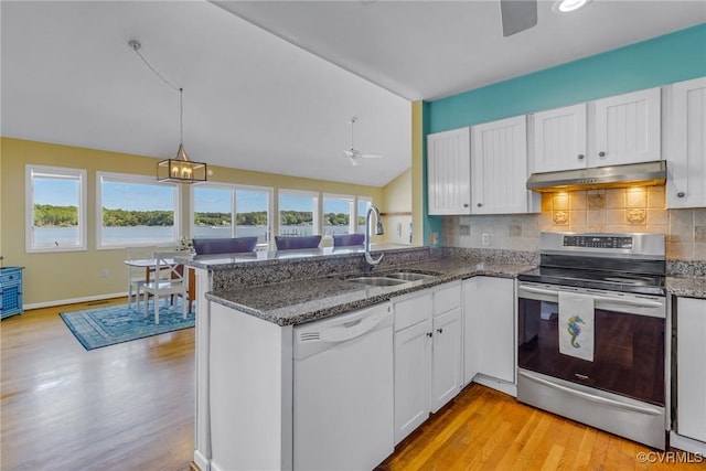 2215 Ditchley Rd, Kilmarnock, VA 22482 - kitchen with dishwasher, electric stove, a sink, under cabinet range hood, and a ceiling fan