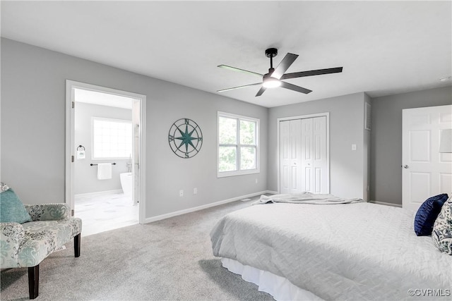 7713 Flag Tail Dr, Midlothian, VA 23112 - bedroom featuring a closet, ensuite bath, carpet floors, a ceiling fan, and baseboards