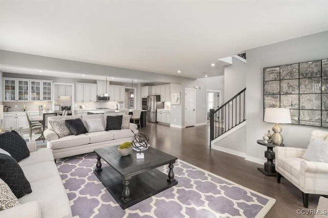 1 Abercrombie Dr, Chesterfield, VA 23838 - living area with dark wood-style floors, baseboards, stairs, and recessed lighting