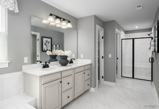 1 Abercrombie Dr, Chesterfield, VA 23838 - bathroom with double vanity, a stall shower, marble look tiles, a chandelier, and baseboards