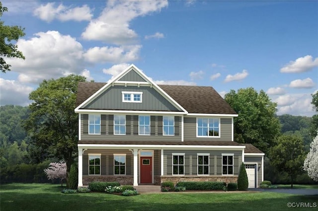 2 Abercrombie Dr, Chesterfield, VA 23838 - view of front facade with a front yard, an attached garage, stone siding, and board and batten siding
