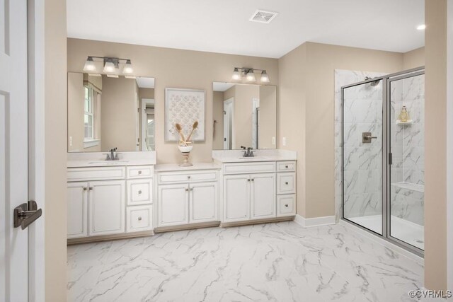 4 Abercrombie Dr, Chesterfield, VA 23838 - bathroom featuring marble finish floors, a marble finish shower, double vanity, and baseboards