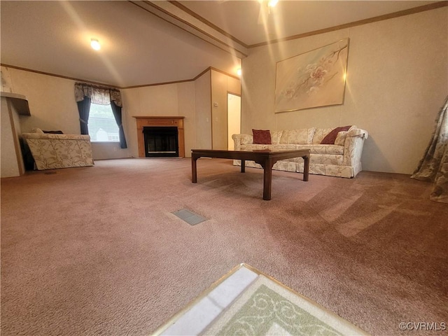 unfurnished living room featuring crown molding, carpet flooring, and visible vents