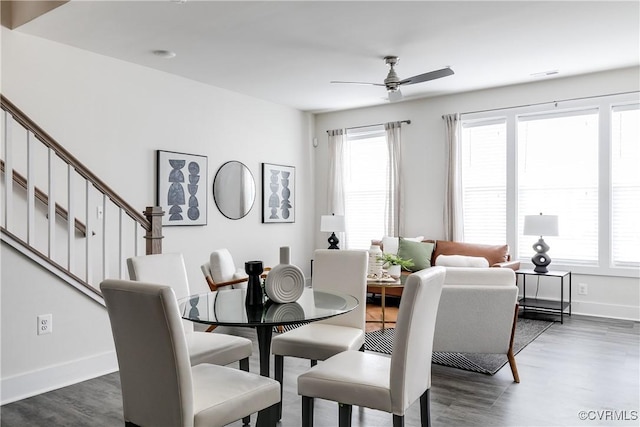 dining area with a ceiling fan, wood finished floors, and a wealth of natural light