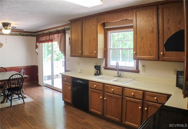 kitchen with black dishwasher, dark wood-style floors, a healthy amount of sunlight, and a sink