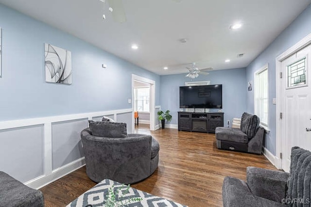 living room featuring recessed lighting, ceiling fan, and wood finished floors