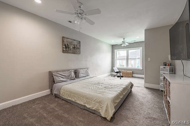 carpeted bedroom with recessed lighting, baseboards, and ceiling fan
