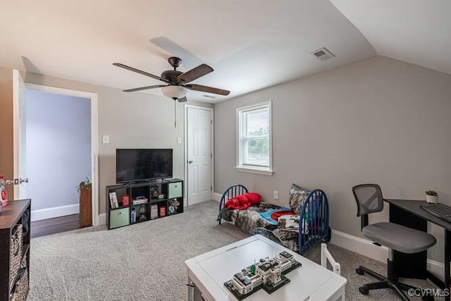carpeted living area with baseboards, ceiling fan, lofted ceiling, and visible vents