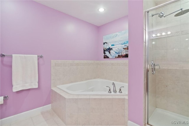 full bath featuring baseboards, a shower stall, and tile patterned flooring