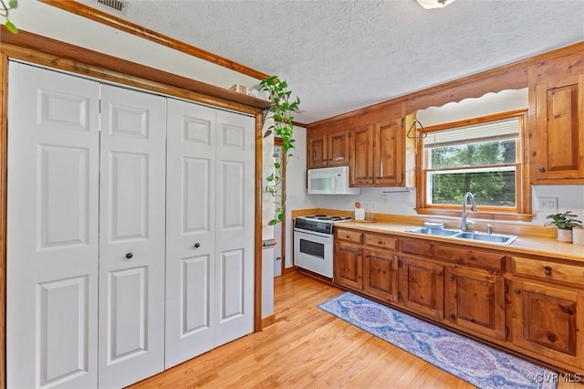 kitchen with brown cabinetry, white appliances, ornamental molding, a sink, and light wood-style floors