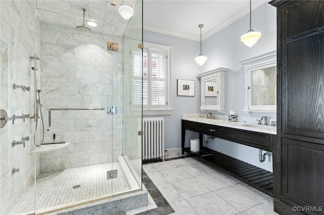 2218 Monument Ave, Richmond, VA 23220 - full bathroom featuring radiator, a stall shower, baseboards, ornamental molding, and double vanity