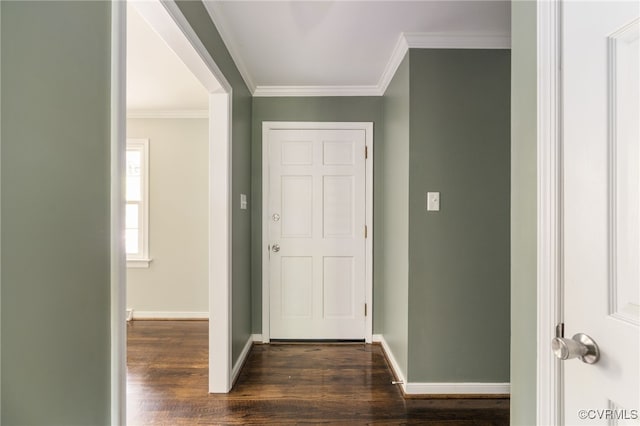 foyer featuring crown molding, baseboards, and dark wood-style floors