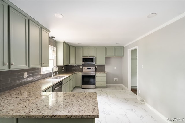 kitchen with light stone counters, a sink, stainless steel appliances, baseboards, and backsplash