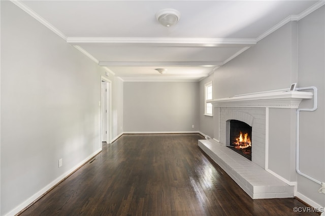 unfurnished living room featuring beam ceiling, baseboards, wood finished floors, and a fireplace