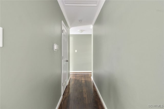 hall with crown molding, baseboards, and dark wood-style floors