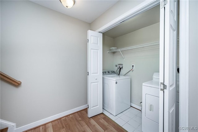 605 Spring St Unit P, Richmond, VA 23220 - laundry room featuring washing machine and clothes dryer, light wood-type flooring, and baseboards