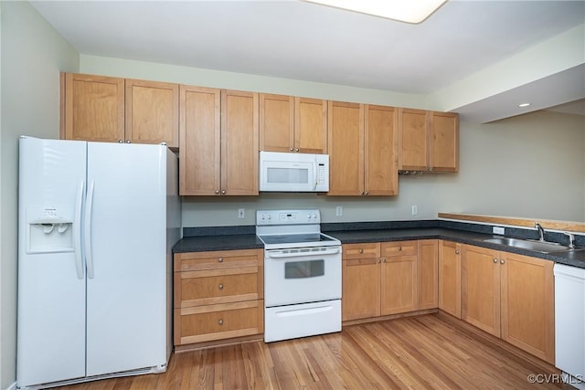 605 Spring St Unit P, Richmond, VA 23220 - kitchen featuring white appliances, a sink, light wood-style floors, and dark countertops