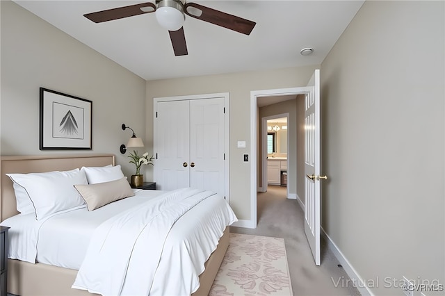 605 Spring St Unit P, Richmond, VA 23220 - bedroom with a closet, baseboards, ceiling fan, and light colored carpet