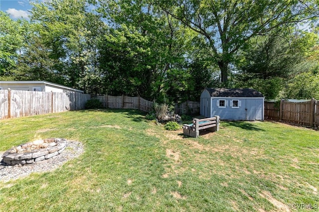 10701 Hamiltons Xing, Fredericksburg, VA 22408 - view of yard with a fenced backyard, a storage unit, an outbuilding, and an outdoor fire pit