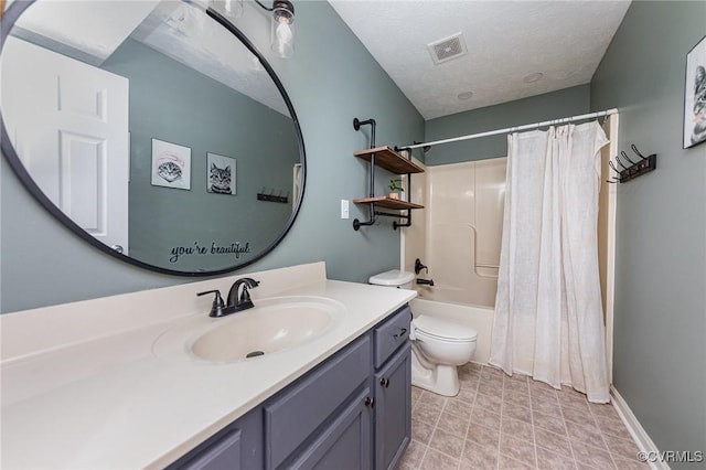 10701 Hamiltons Xing, Fredericksburg, VA 22408 - bathroom with vanity, visible vents, toilet, shower / bathtub combination with curtain, and a textured ceiling