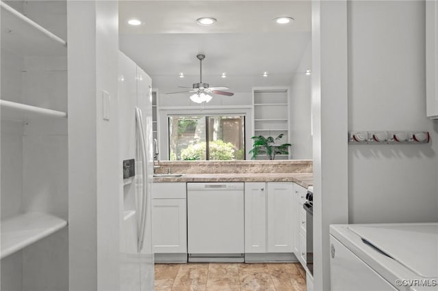 interior space with recessed lighting, laundry area, ceiling fan, and a sink