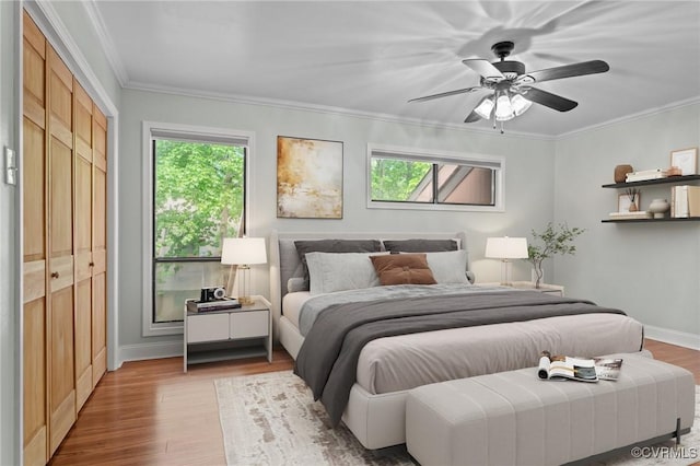 bedroom featuring crown molding, multiple windows, and wood finished floors