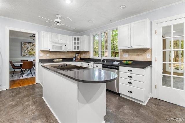 kitchen with stainless steel dishwasher, white microwave, black electric stovetop, dark countertops, and ornamental molding