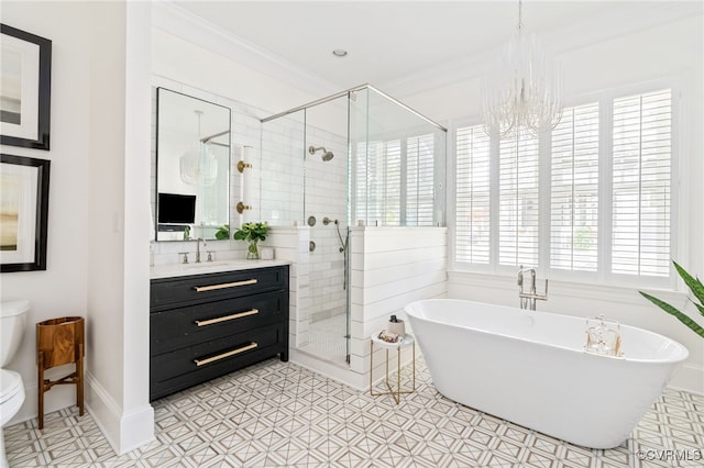 bathroom with healthy amount of natural light, a stall shower, toilet, a freestanding tub, and crown molding