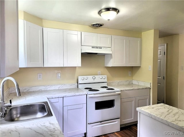 kitchen featuring electric range, under cabinet range hood, a sink, dark wood-style floors, and white cabinets