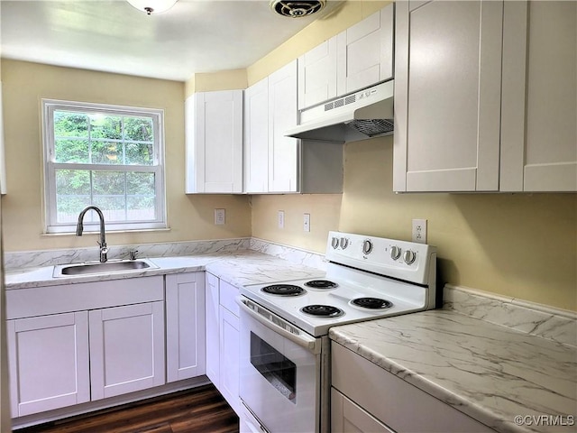 kitchen with white electric range, under cabinet range hood, a sink, light stone countertops, and white cabinetry