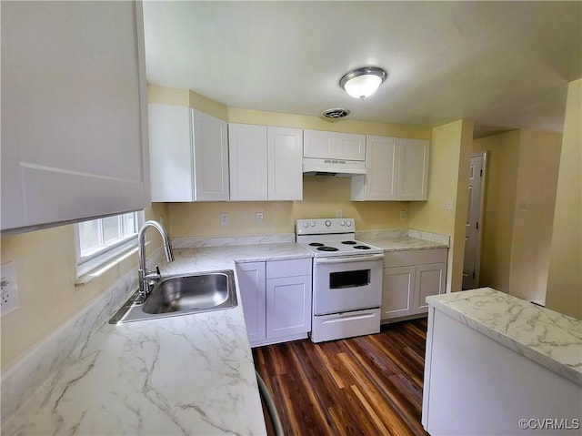 kitchen with electric stove, a sink, under cabinet range hood, white cabinets, and dark wood-style floors