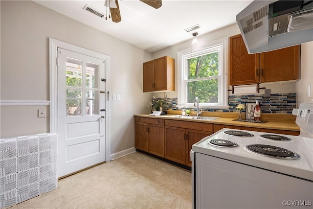 kitchen with ventilation hood, white range with electric cooktop, a sink, brown cabinets, and backsplash