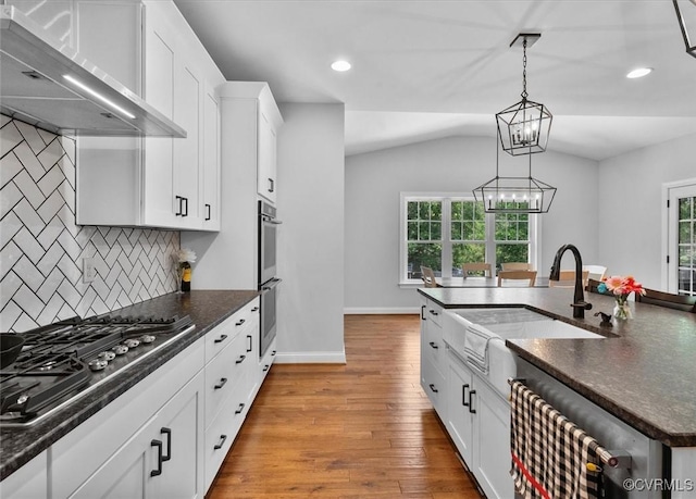 kitchen featuring wood finished floors, wall chimney range hood, a sink, a wealth of natural light, and stainless steel appliances